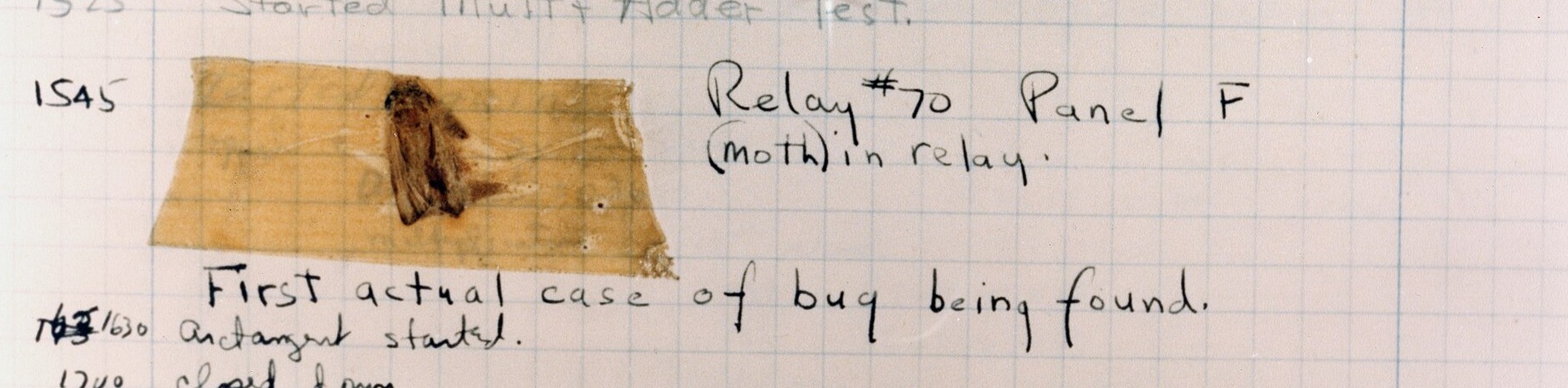 The 1947 logbook page with a moth taped to it