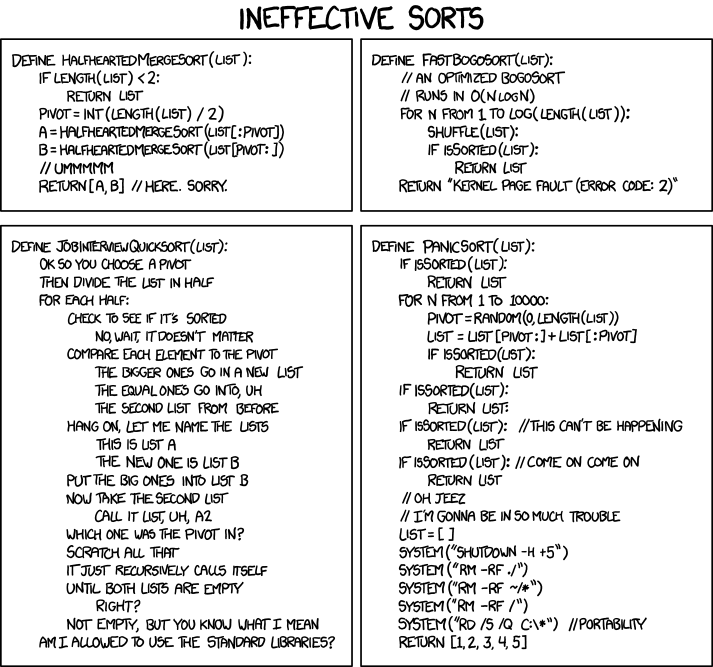 xkcd comic: a series of deliberately terrible sorting algorithms
